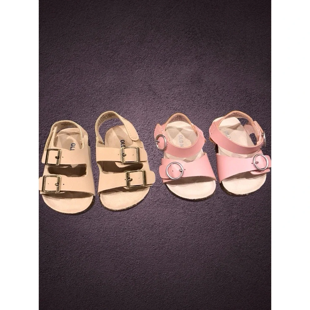 NWOT 2 Pair old Navy Baby Girl 0-3 MONTHS‎ Earth Sandals Pink Tan  Faux Leather